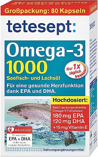 tetesept Omega-3 1000 - Seefisch- und Lachsöl Kapseln – Hochdosierte Omega 3 Fettsäuren DHA, EPA & Vitamin E - Nahrungsergänzungsmittel zur Unterstützung des Herz-Kreislauf-Systems – 1 x 80 Stück im Sale